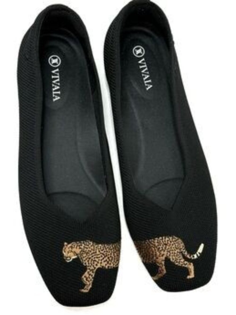 VIVAIA Audrey Black Cheetah Embroidered Knit Loafers Flats Size 7.5 / 8